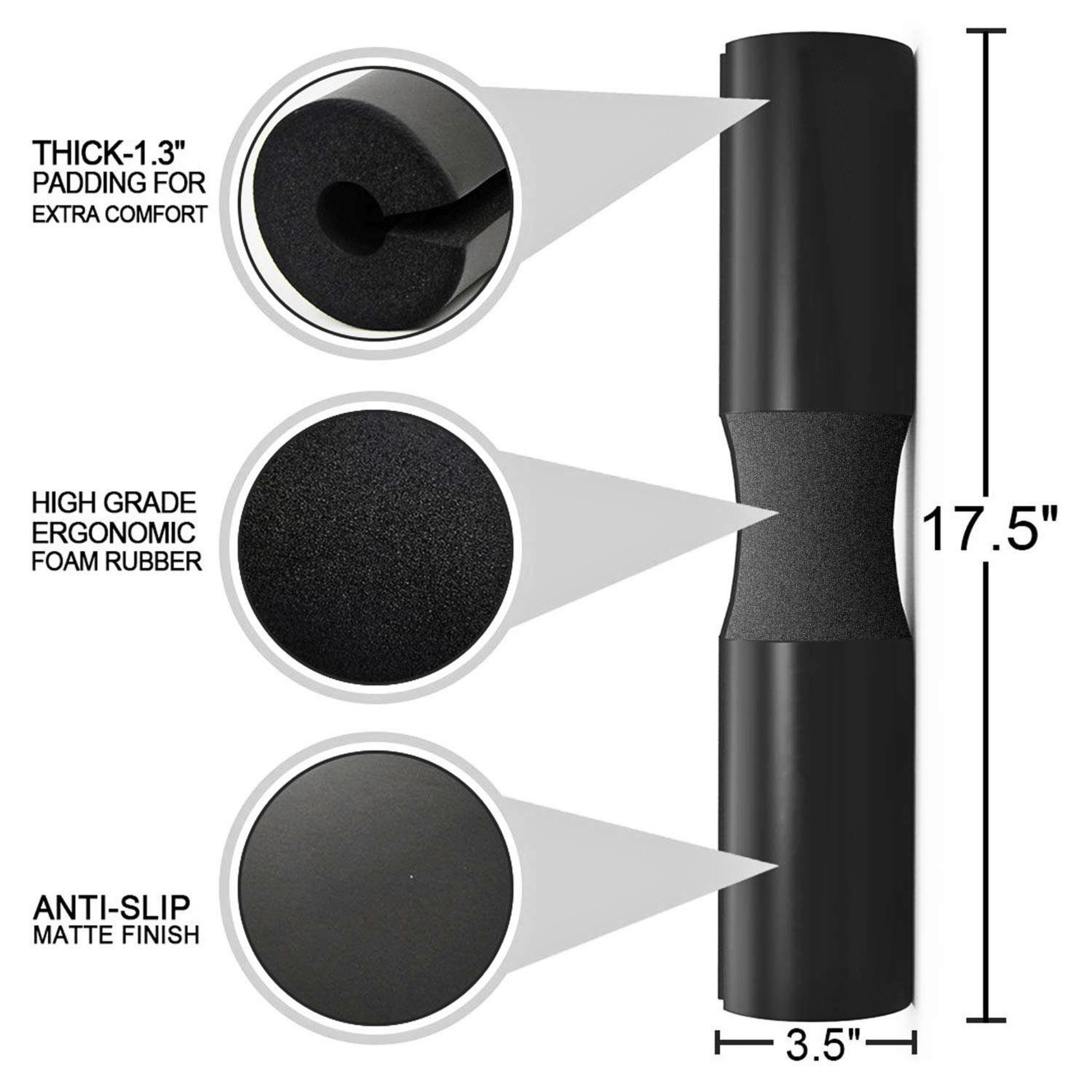 Barbell pad featuring thick padding, ergonomic foam rubber, and anti-slip matte finish for weightlifting comfort.