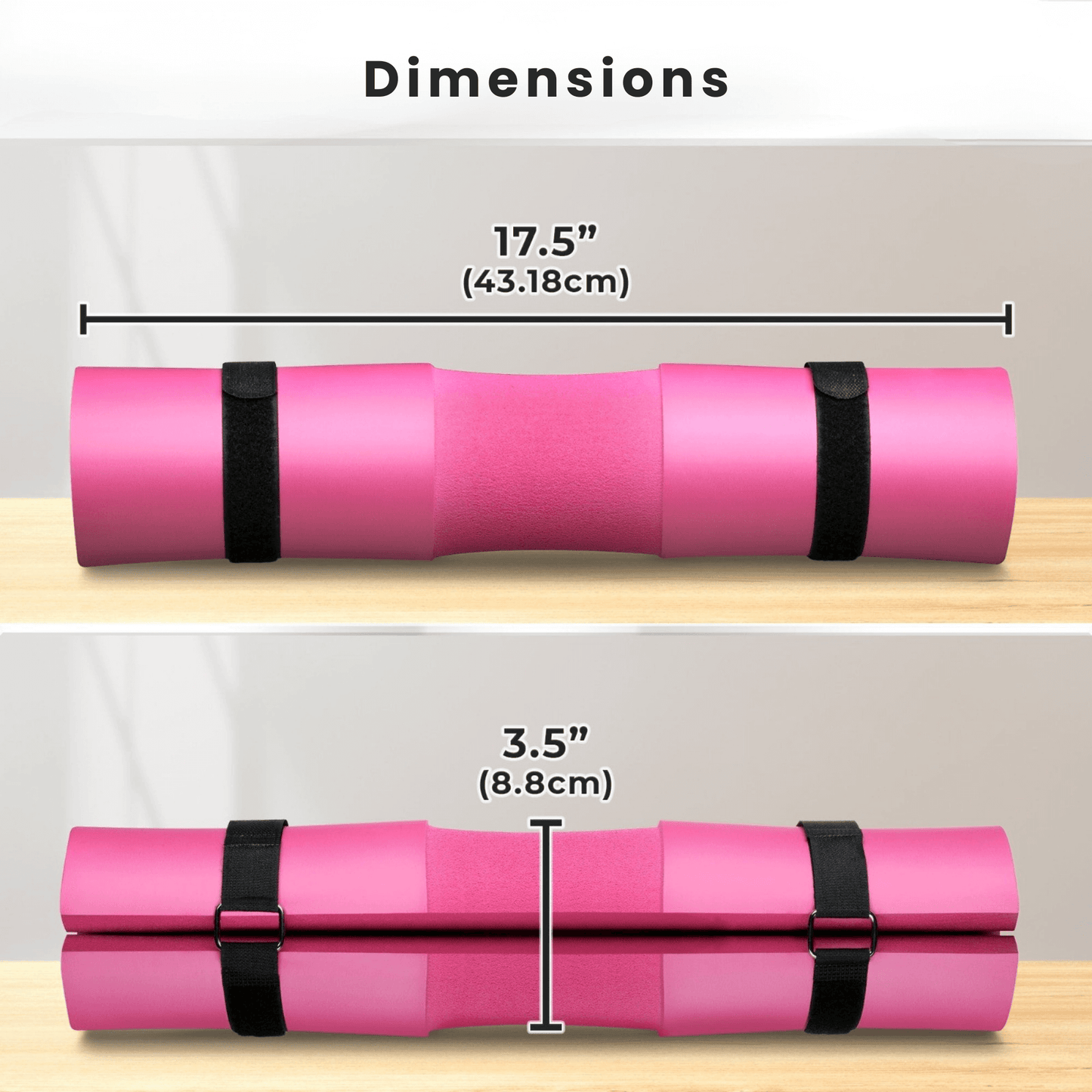 Dimensions of Barbell pad showing lengths of 17.5 inches and 3.5 inches for optimal fit in weightlifting.