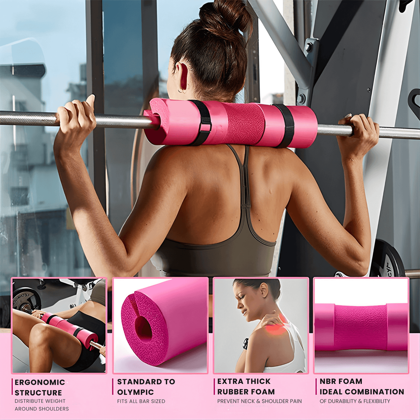 Barbell pad with ergonomic structure for comfort during squats, hip thrusts, and weightlifting exercises.