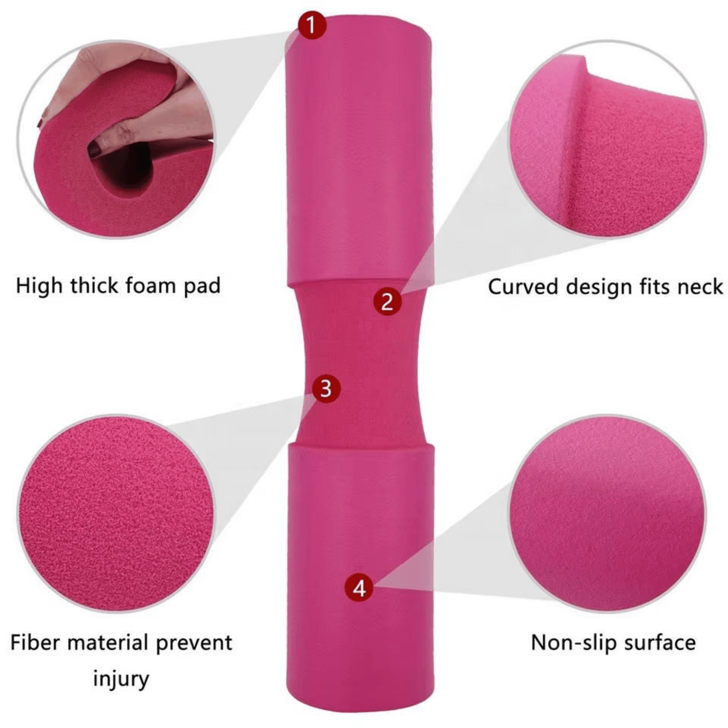 Barbell pad features high thick foam, curved design for neck, fiber material prevent injury, and non-slip surface.