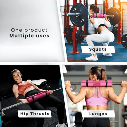 Barbell pad for squats, hip thrusts, and lunges; showcasing multiple uses for effective strength training.