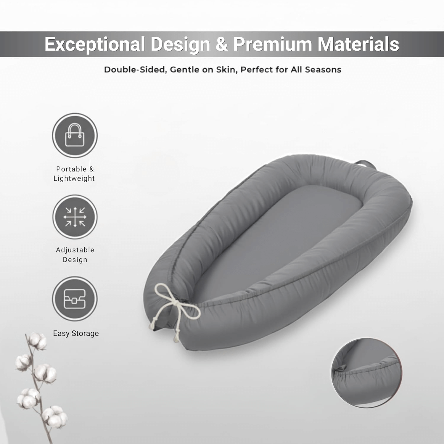 Side view of 3D-Touch Breathable Lounger for Newborns in Gray 3D-Touch Breathable Lounger for Newborns