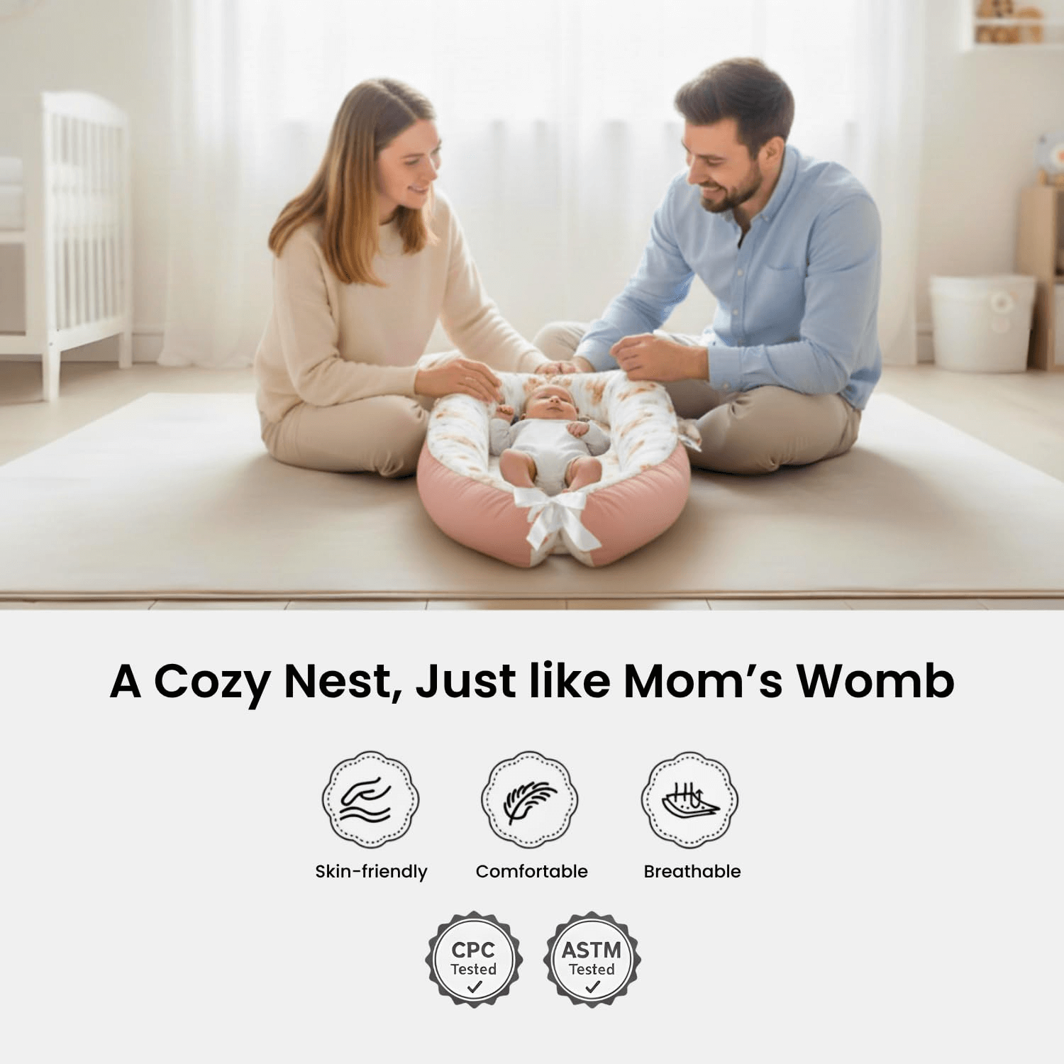 Newborn resting comfortably in Pink 3D-Touch Breathable Lounge 3D-Touch Breathable Lounger for Newborns