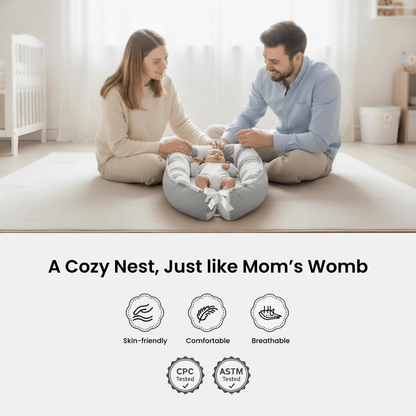 Newborn sleeping safely in Gray 3D-Touch Breathable Lounger 3D-Touch Breathable Lounger for Newborns