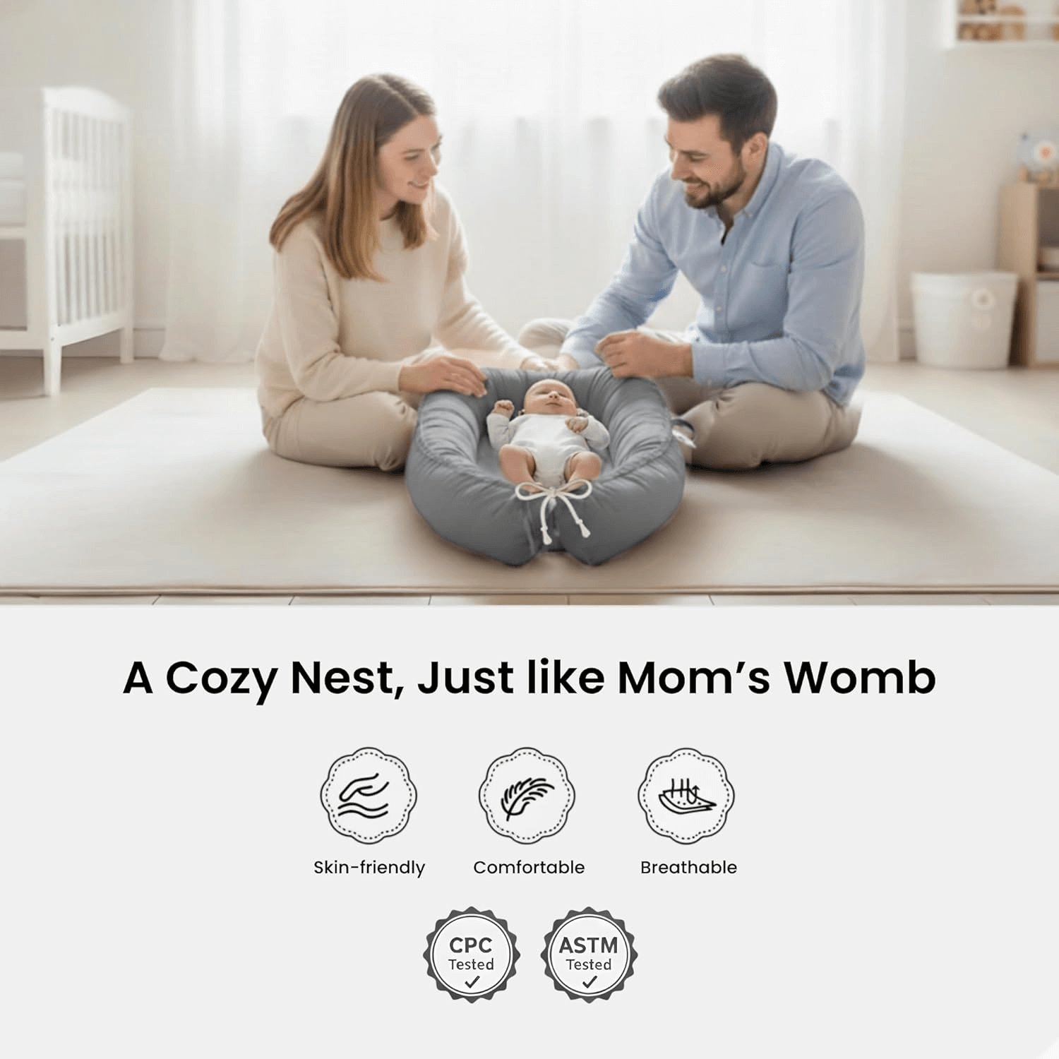 Side view of 3D-Touch Breathable Lounger for Newborns in Gray 3D-Touch Breathable Lounger for Newborns