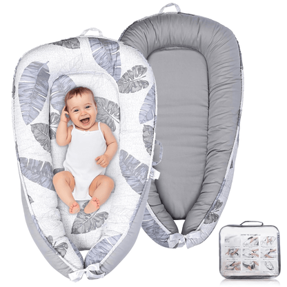 3D-Touch Breathable Lounger for Newborns with a happy baby smiling in a soft, breathable setting. 3D-Touch Breathable Lounger for Newborns