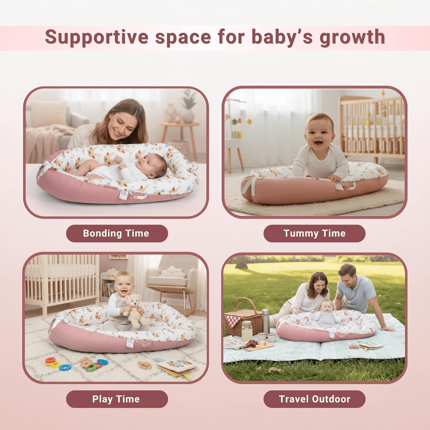 Newborn resting comfortably in Pink 3D-Touch Breathable Lounge3D-Touch Breathable Lounger for Newborns