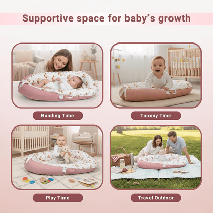 Newborn resting comfortably in Pink 3D-Touch Breathable Lounge3D-Touch Breathable Lounger for Newborns