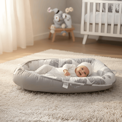 Baby lounging comfortably in a 3D-Touch Breathable Lounger for Newborns on a soft rug. 3D-Touch Breathable Lounger for Newborns
