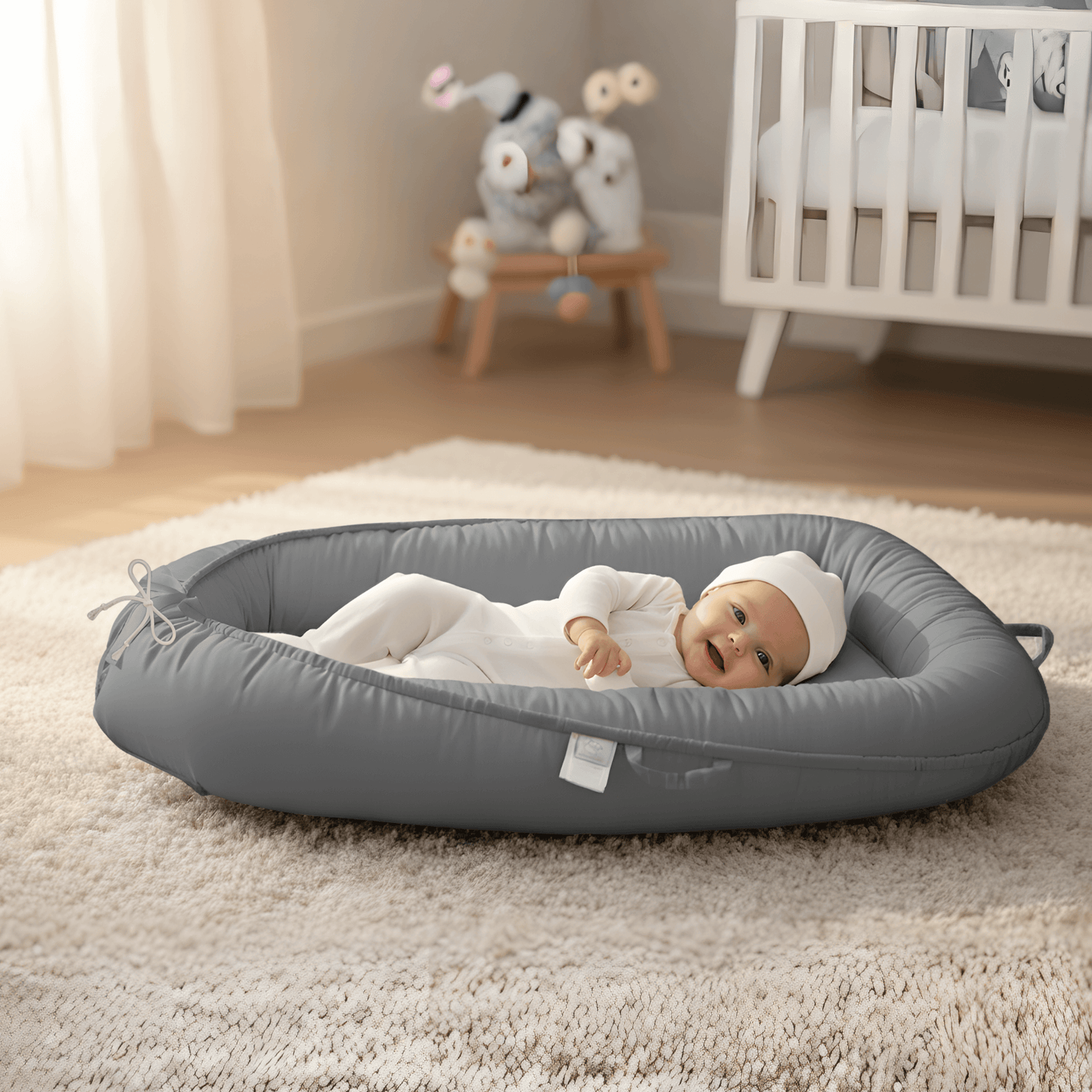 3D-Touch Breathable Lounger for Newborns with a smiling baby lying comfortably in a soft, gray mesh lounger. 3D-Touch Breathable Lounger for Newborns