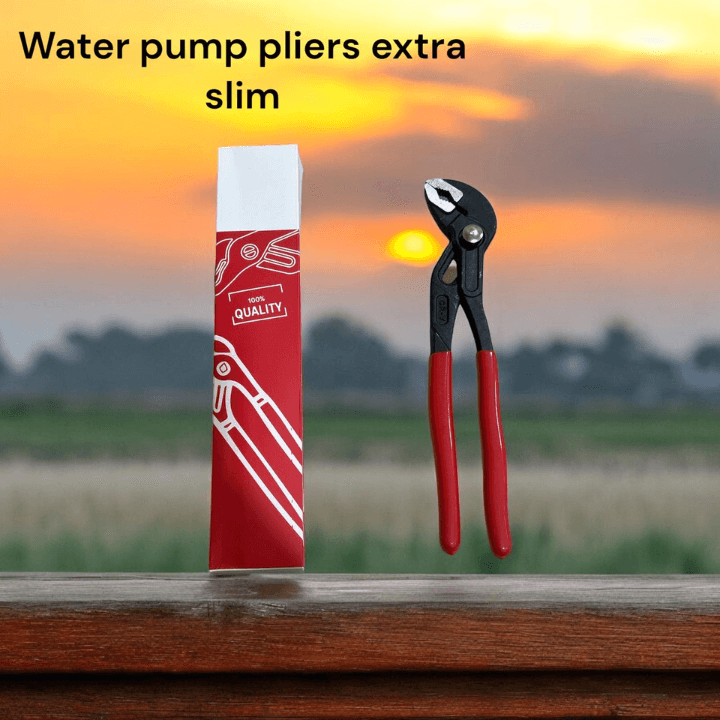 Water pump pliers displayed next to packaging against a sunset background, showcasing their ergonomic design.