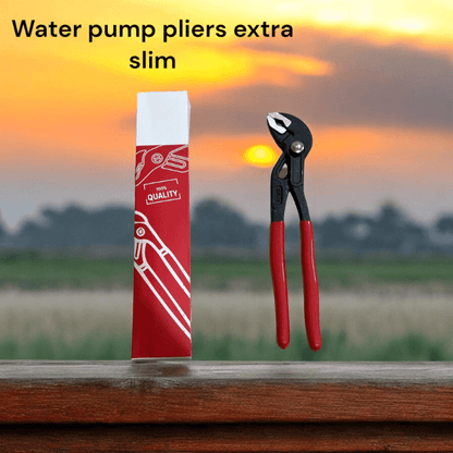 Water pump pliers displayed next to packaging against a sunset background, showcasing their ergonomic design.