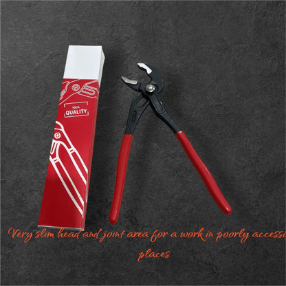 Water Pump Pliers for Plumbing & DIY with a slim design for hard-to-reach areas and red ergonomic handles.
