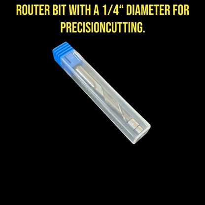 Router bits diameter for precision cutting with a 1/4 inch router bit in protective casing.