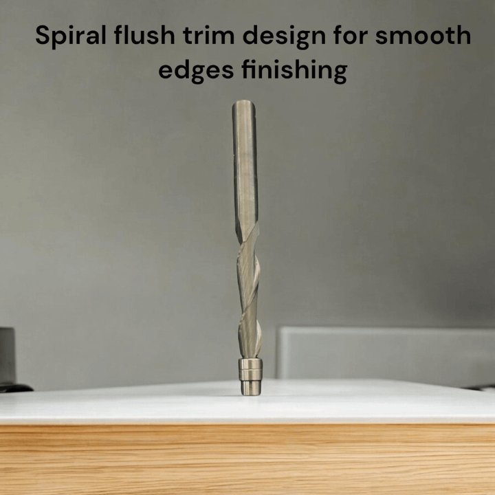 Router bits diameter for precision cutting showcasing a spiral flush trim design for smooth edges finishing.